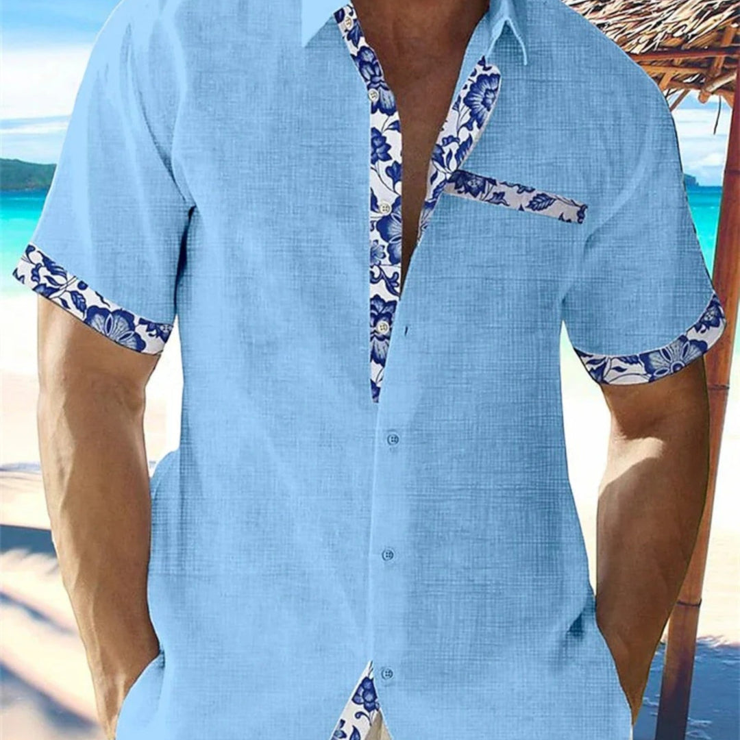 Men's Floral Trim Linen Shirt - Short Sleeve Button Up Top