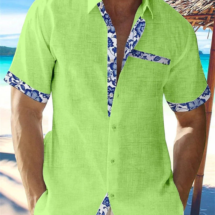 Men's Floral Trim Linen Shirt - Short Sleeve Button Up Top