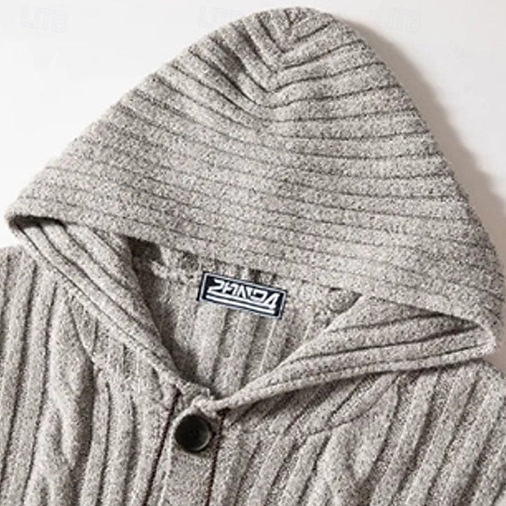 Men's Gray Cable Knit Hooded Button Front Sweater Cardigan