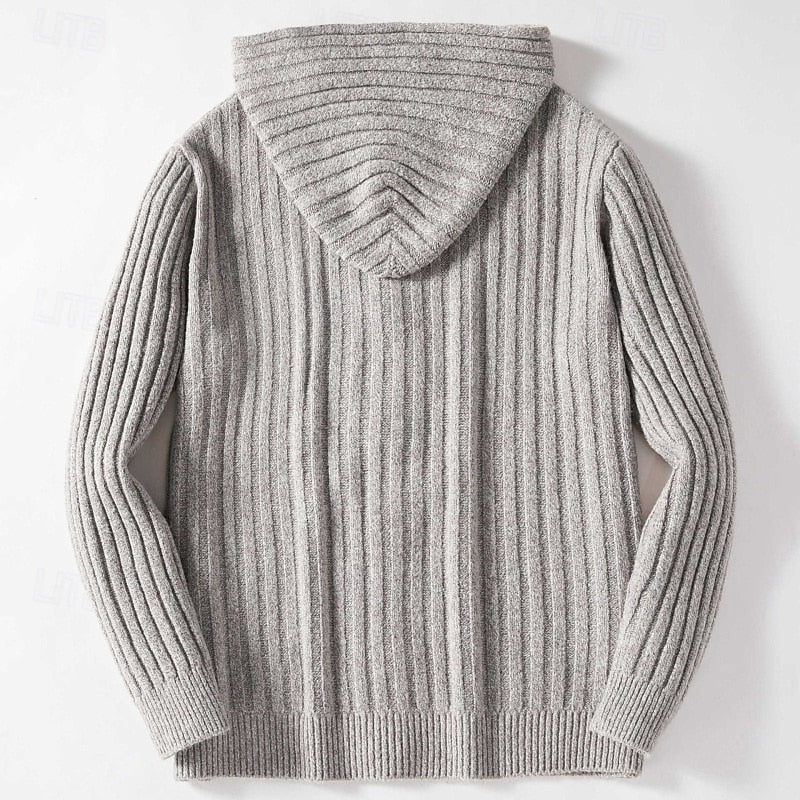 Men's Gray Cable Knit Hooded Button Front Sweater Cardigan