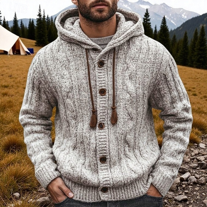 Men's Gray Cable Knit Hooded Button Front Sweater Cardigan