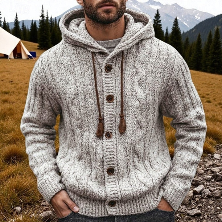 Men's Gray Cable Knit Hooded Button Front Sweater Cardigan