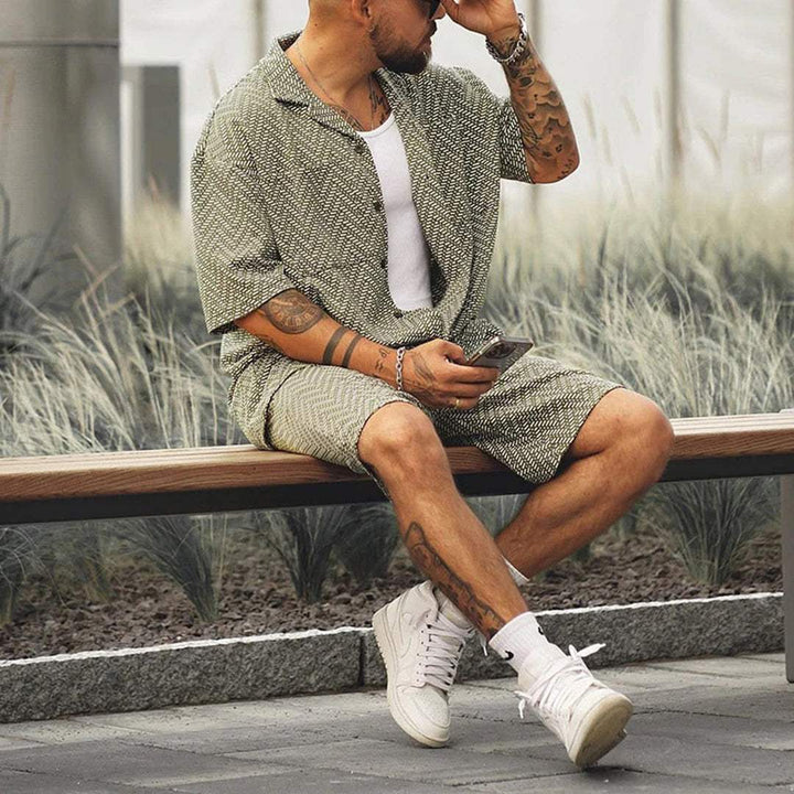 Men's Green Patterned Short Sleeve Top & Shorts Summer Set