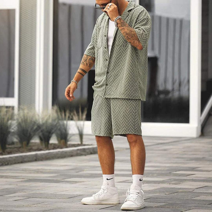 Men's Green Patterned Short Sleeve Top & Shorts Summer Set