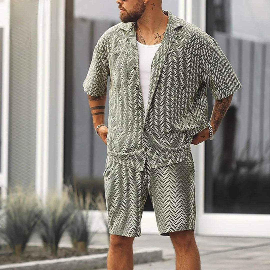Men's Green Patterned Short Sleeve Top & Shorts Summer Set