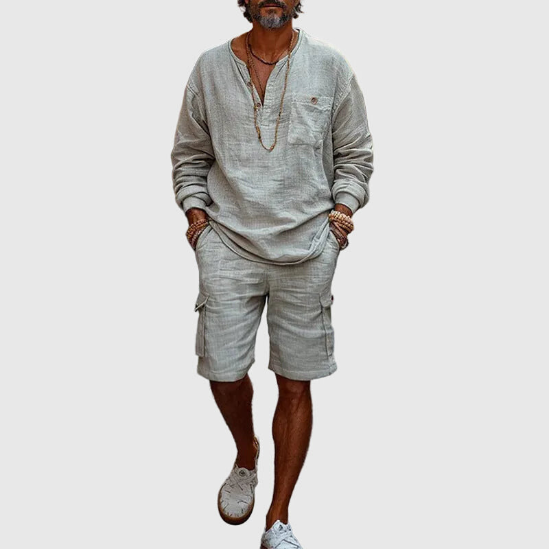 Men's Grey Linen Henley and Cargo Shorts Set, Summer Co-ord