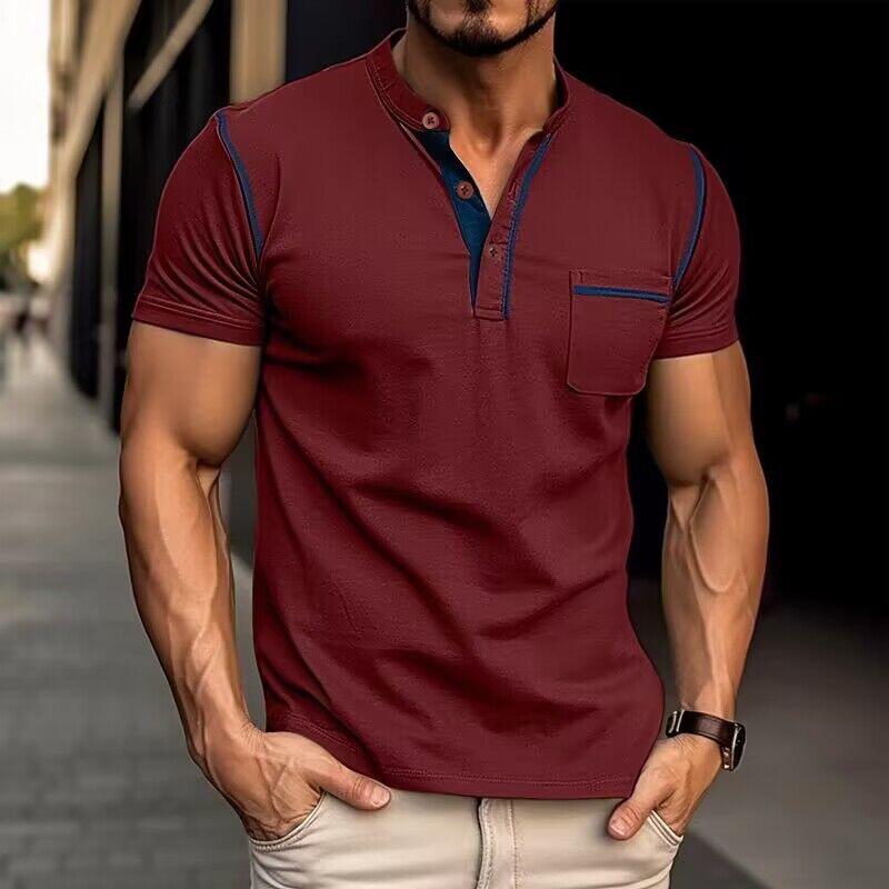 Men's Henley Shirt Short Sleeve Chest Pocket Casual Summer