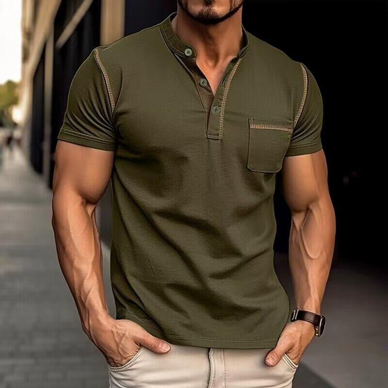 Men's Henley Shirt Short Sleeve Chest Pocket Casual Summer