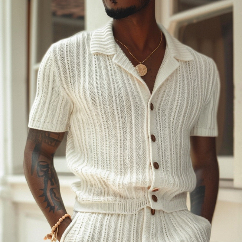 Men's Ivory Knit Button Front Shirt and Shorts Set, Summer Co-ord