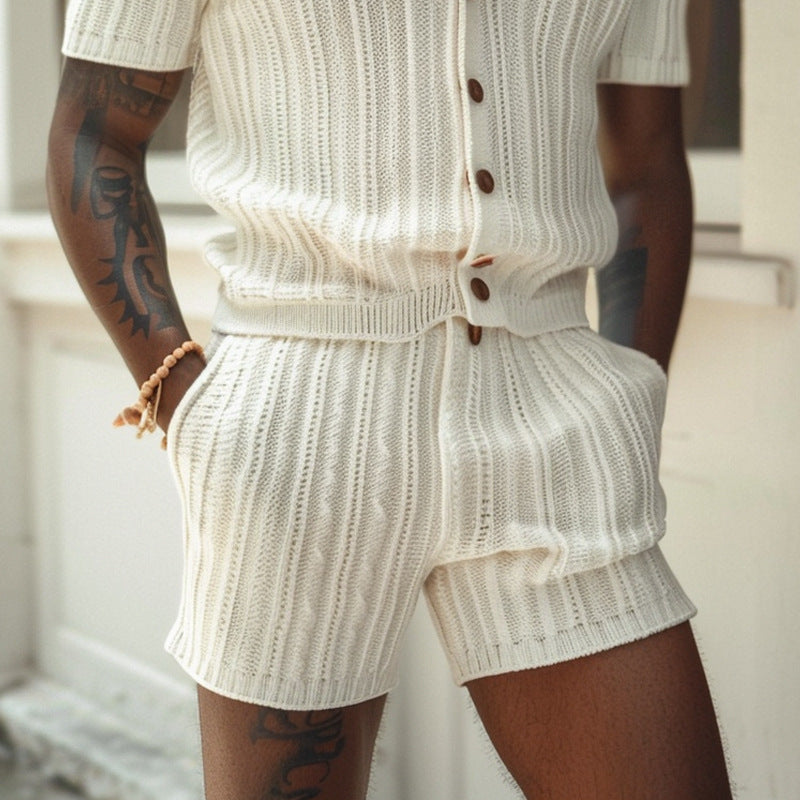 Men's Ivory Knit Button Front Shirt and Shorts Set, Summer Co-ord