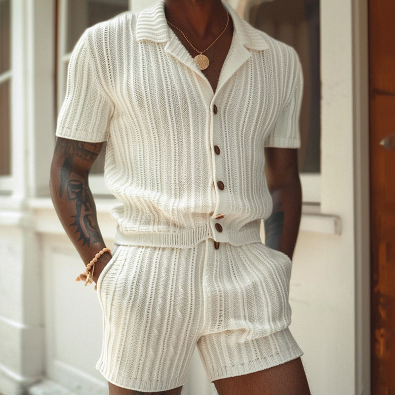 Men's Ivory Knit Button Front Shirt and Shorts Set, Summer Co-ord