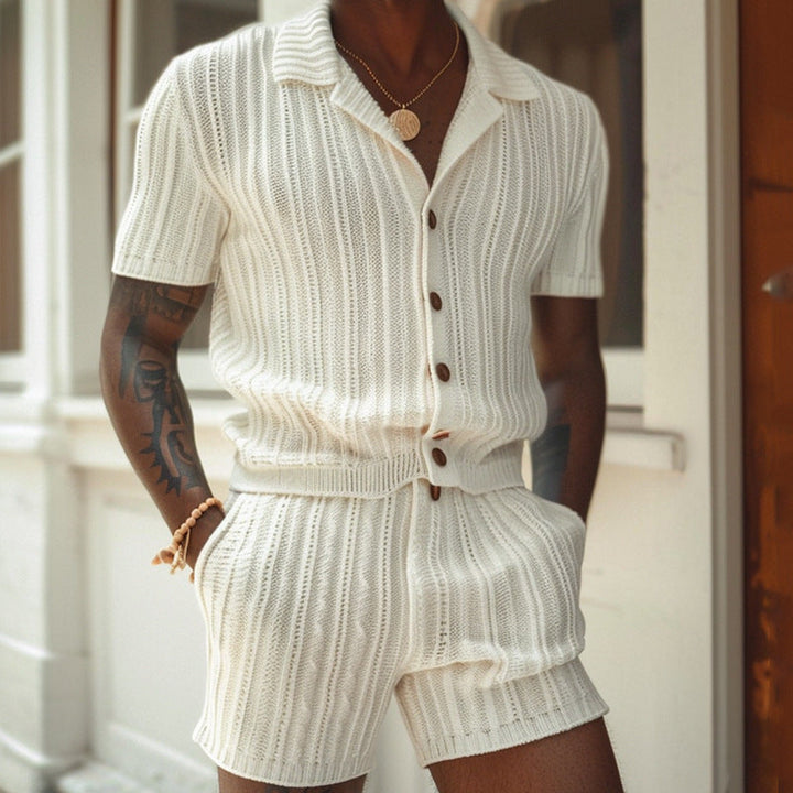 Men's Ivory Knit Button Front Shirt and Shorts Set, Summer Co-ord