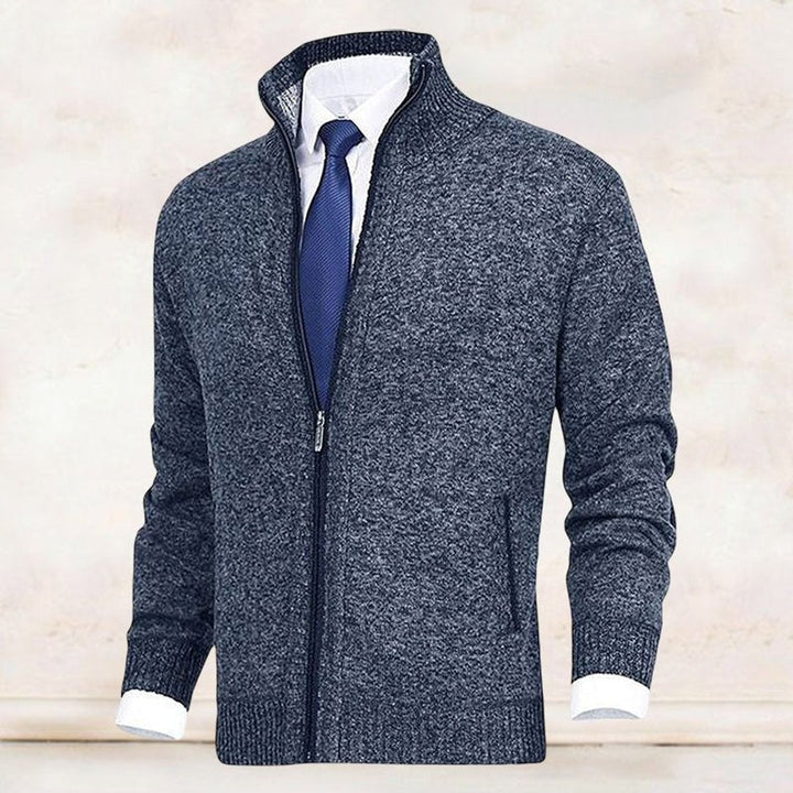 Men's Knit Fleece-Lined Stand-Collar Zip-Up Sweater Cardigan