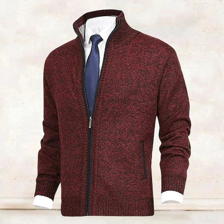 Men's Knit Fleece-Lined Stand-Collar Zip-Up Sweater Cardigan