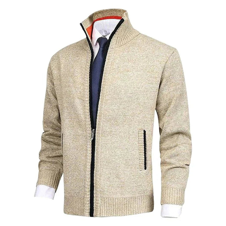 Men's Knit Fleece-Lined Stand-Collar Zip-Up Sweater Cardigan