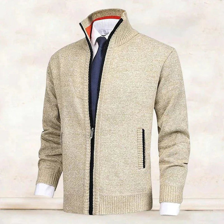 Men's Knit Fleece-Lined Stand-Collar Zip-Up Sweater Cardigan
