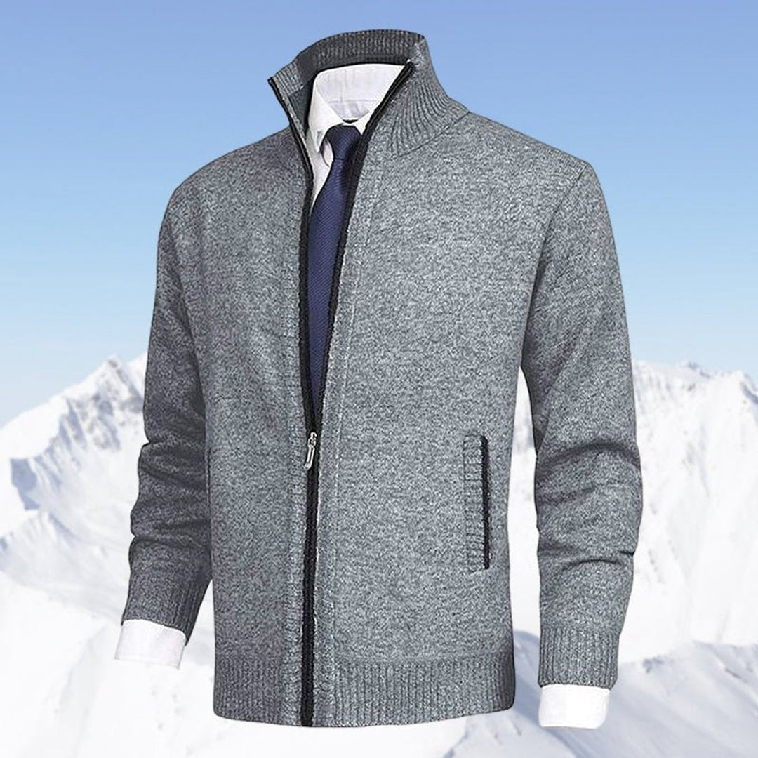 Men's Knit Fleece-Lined Stand-Collar Zip-Up Sweater Cardigan