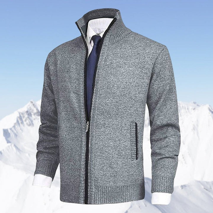 Men's Knit Fleece-Lined Stand-Collar Zip-Up Sweater Cardigan