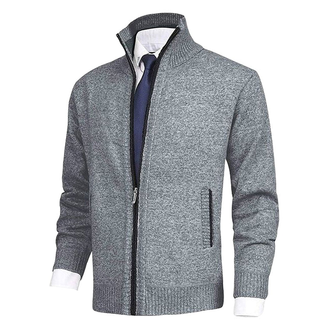 Men's Knit Fleece-Lined Stand-Collar Zip-Up Sweater Cardigan