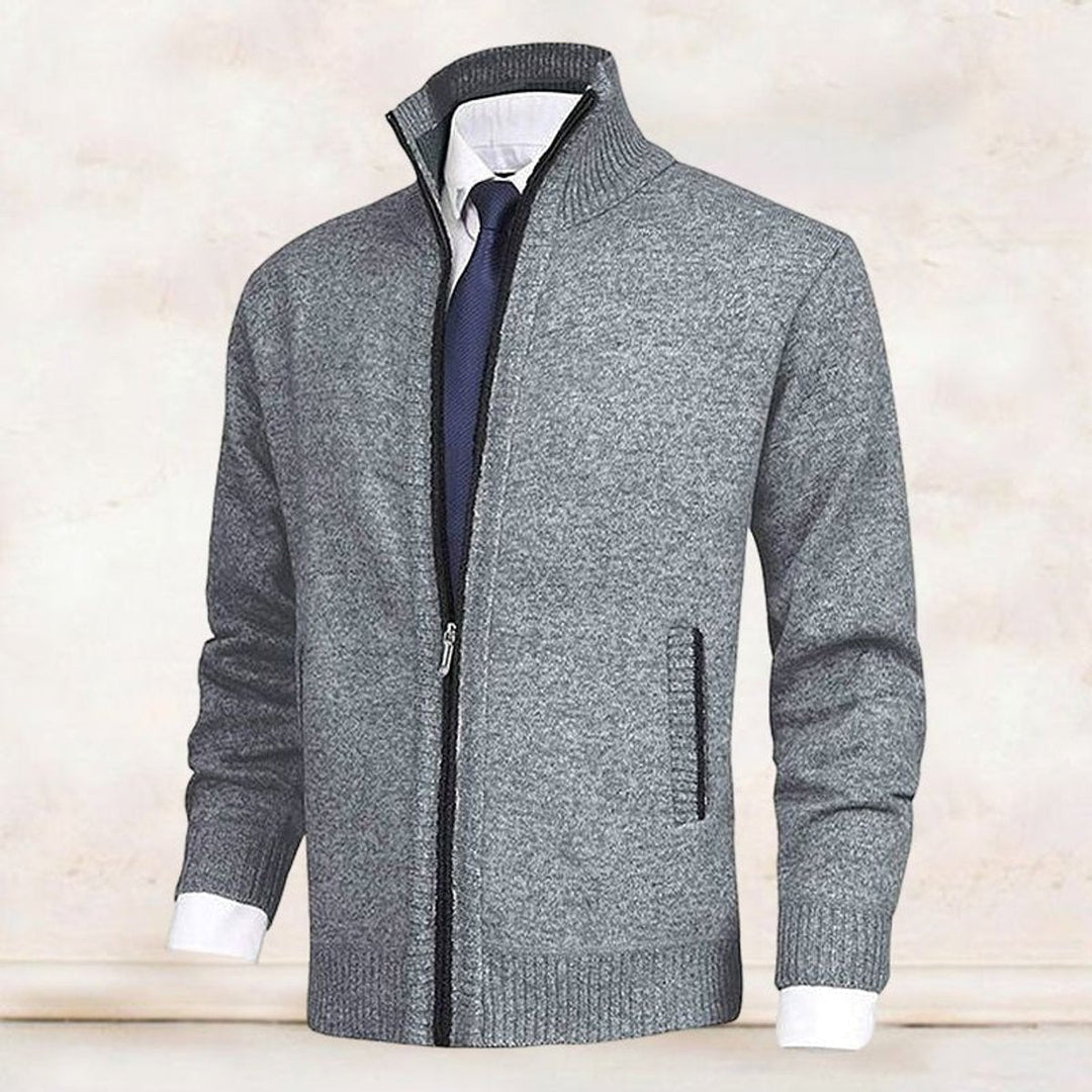Men's Knit Fleece-Lined Stand-Collar Zip-Up Sweater Cardigan