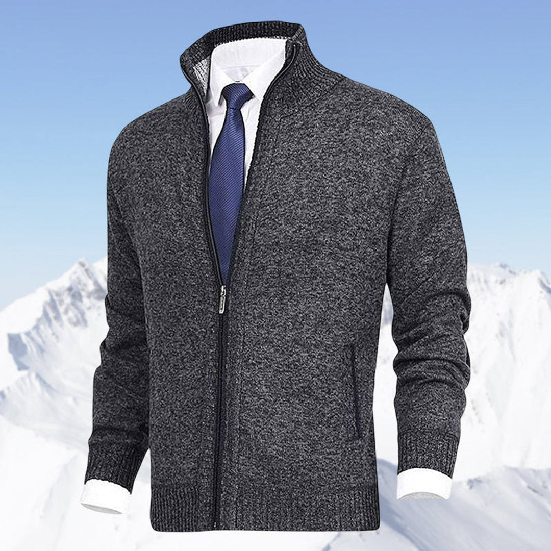 Men's Knit Fleece-Lined Stand-Collar Zip-Up Sweater Cardigan