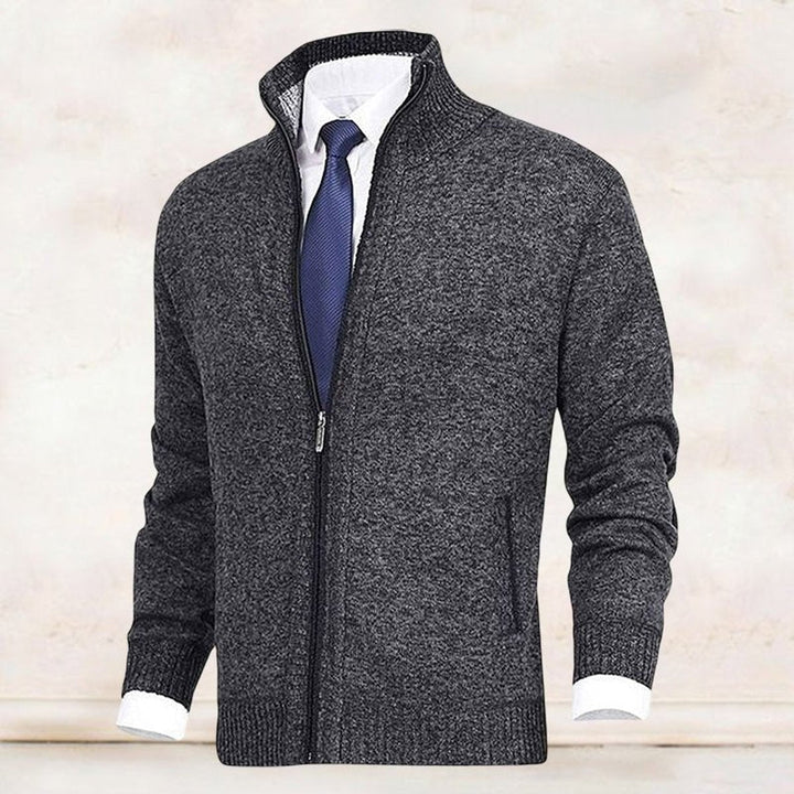 Men's Knit Fleece-Lined Stand-Collar Zip-Up Sweater Cardigan