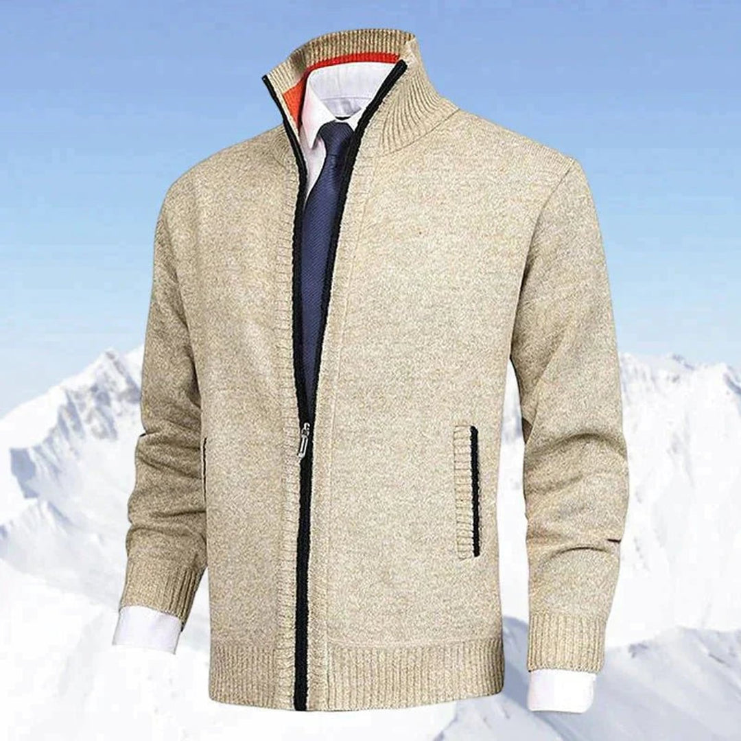 Men's Knit Fleece-Lined Stand-Collar Zip-Up Sweater Cardigan