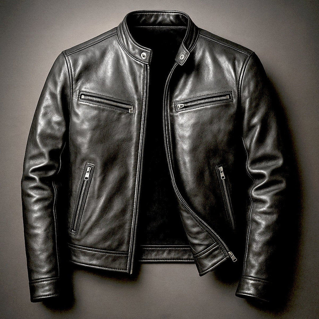 Men's Leather Moto Full-Zip Band-Collar Biker Jacket