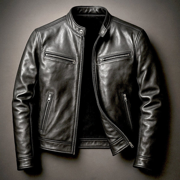 Men's Leather Moto Full-Zip Band-Collar Biker Jacket