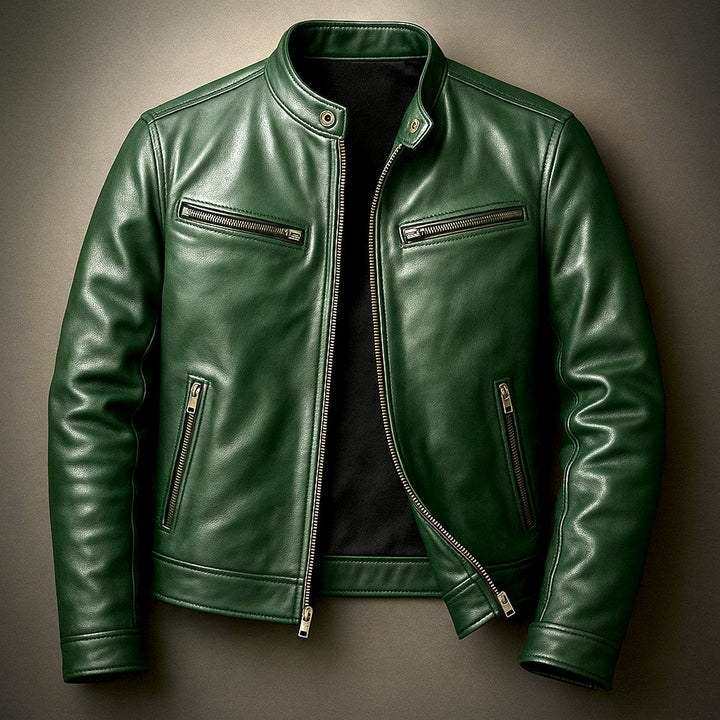 Men's Leather Moto Full-Zip Band-Collar Biker Jacket