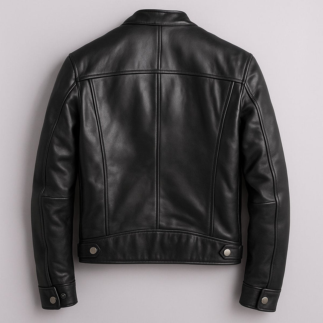 Men's Leather Moto Full-Zip Band-Collar Biker Jacket