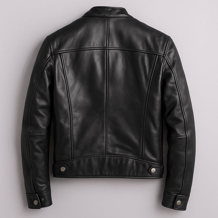 Men's Leather Moto Full-Zip Band-Collar Biker Jacket