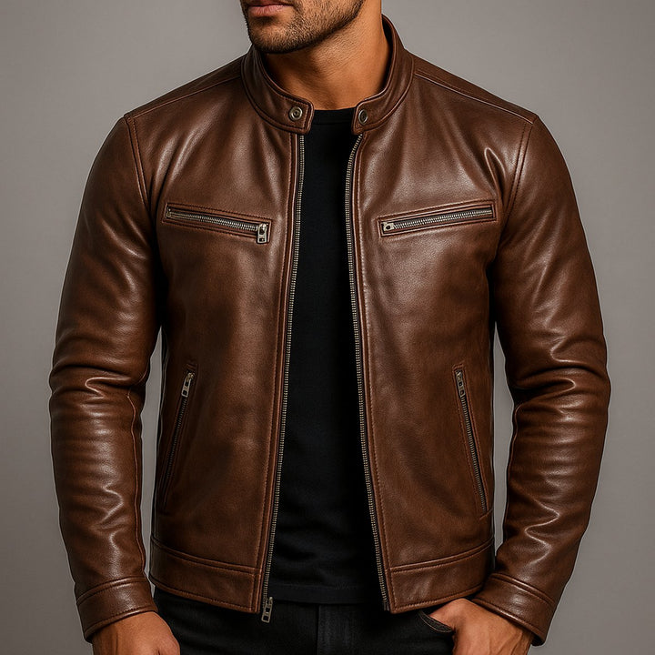 Men's Leather Moto Full-Zip Band-Collar Biker Jacket