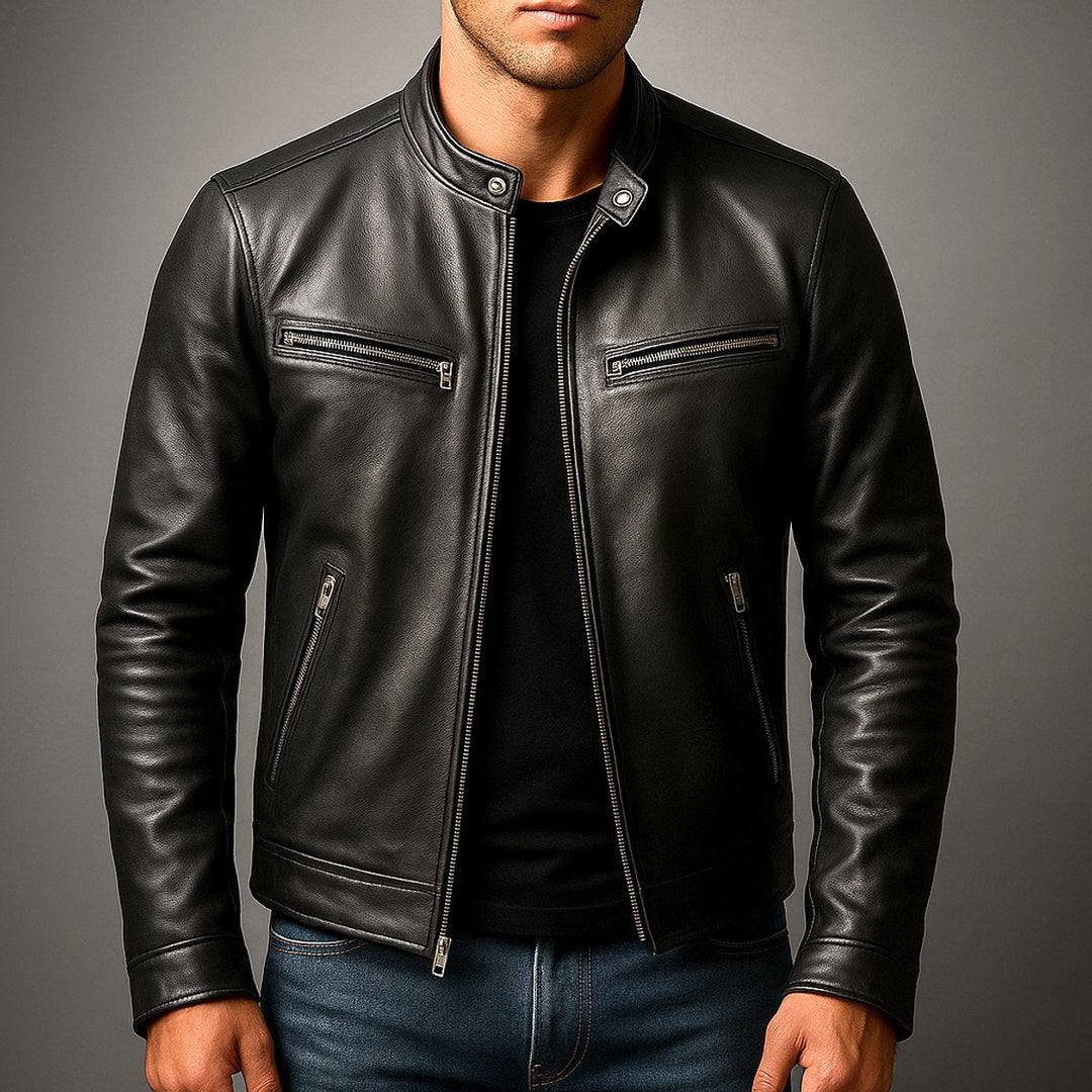 Men's Leather Moto Full-Zip Band-Collar Biker Jacket