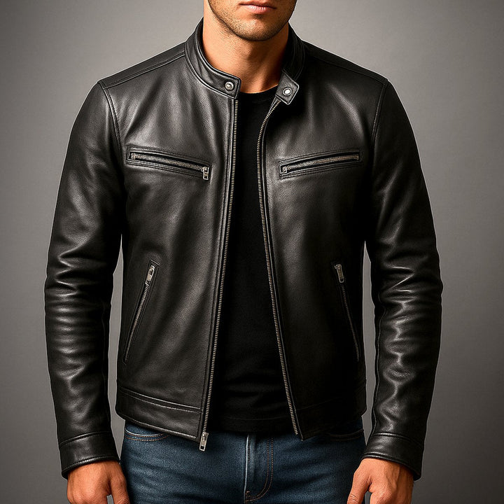 Men's Leather Moto Full-Zip Band-Collar Biker Jacket