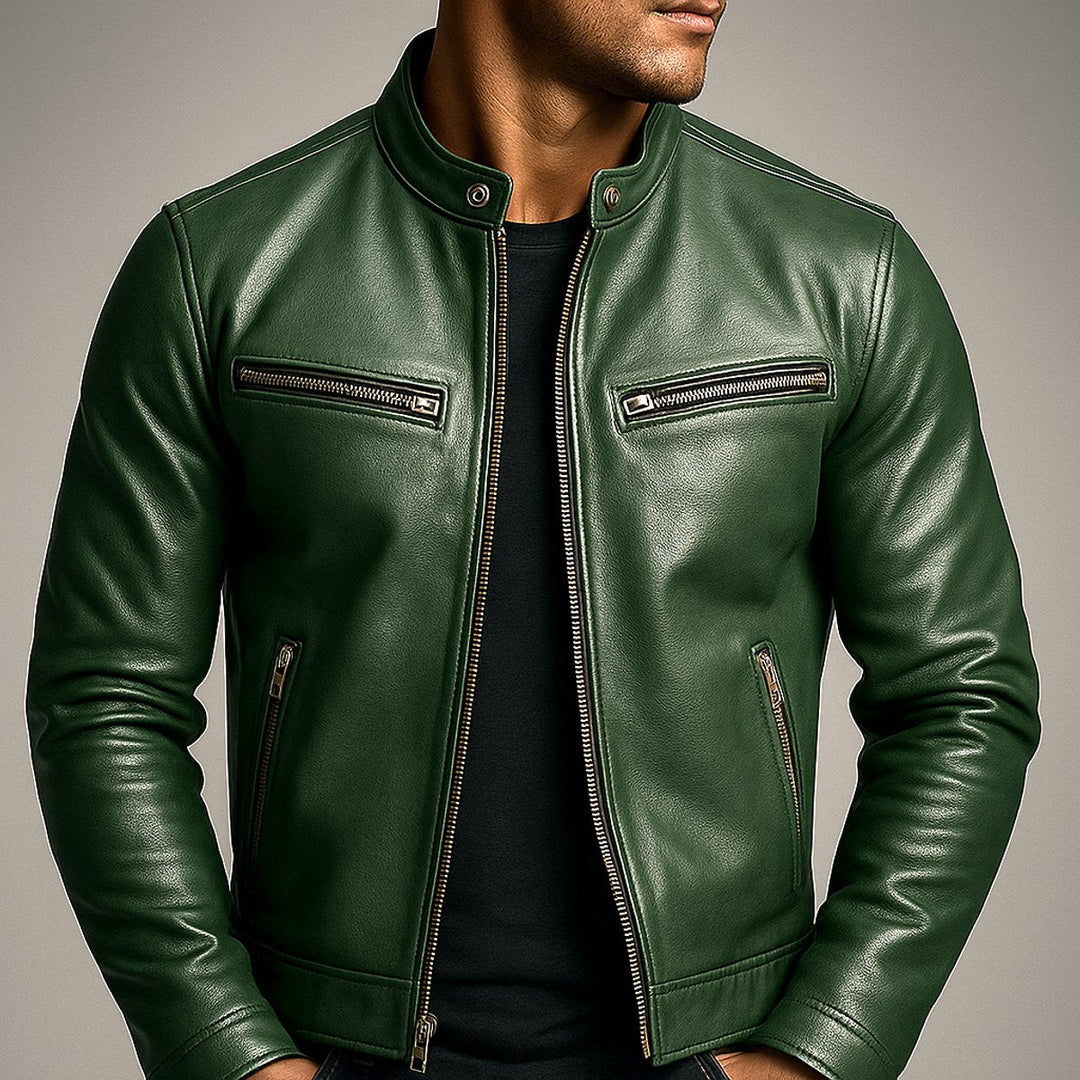 Men's Leather Moto Full-Zip Band-Collar Biker Jacket