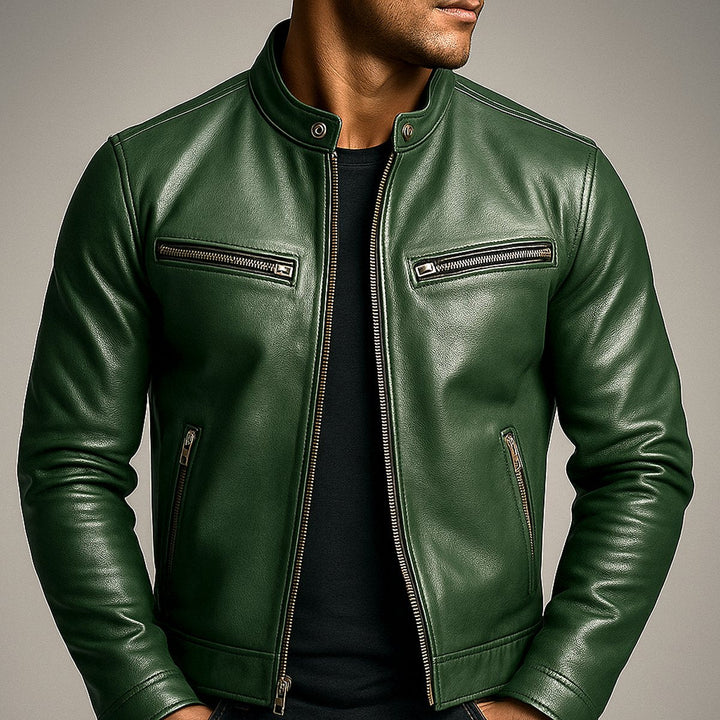 Men's Leather Moto Full-Zip Band-Collar Biker Jacket