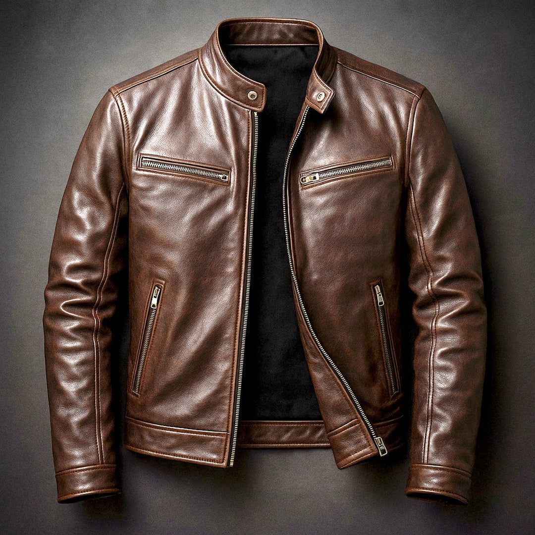 Men's Leather Moto Full-Zip Band-Collar Biker Jacket
