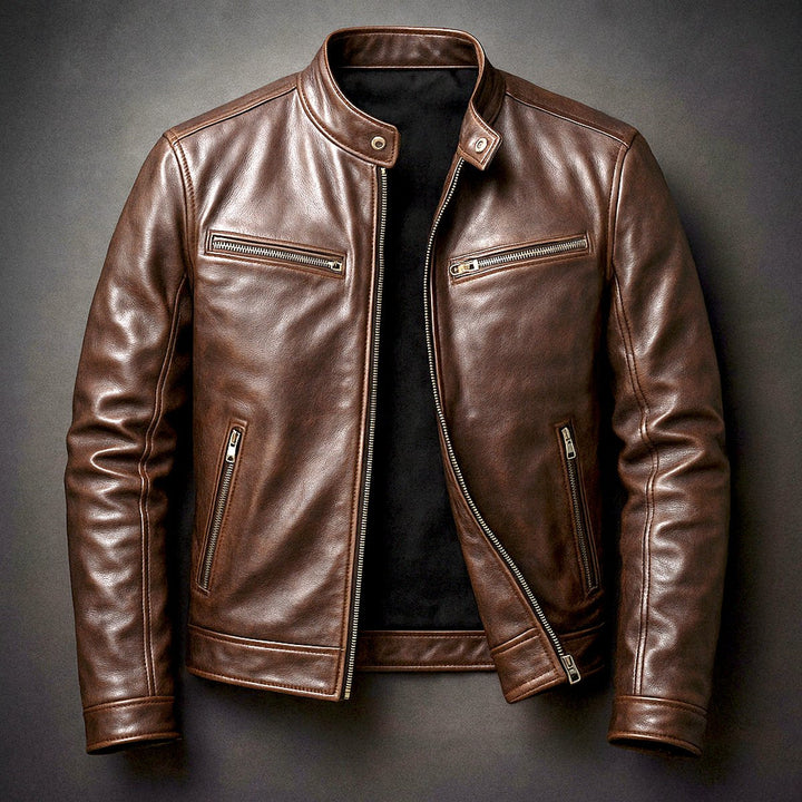 Men's Leather Moto Full-Zip Band-Collar Biker Jacket