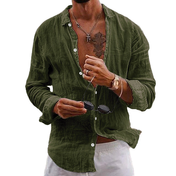 Men's Linen Beach Shirt - Long Sleeve Button Up Casual Top