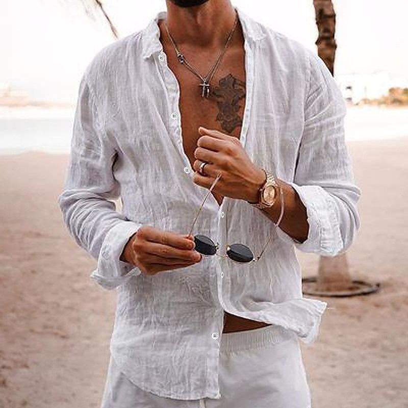 Men's Linen Beach Shirt - Long Sleeve Button Up Casual Top