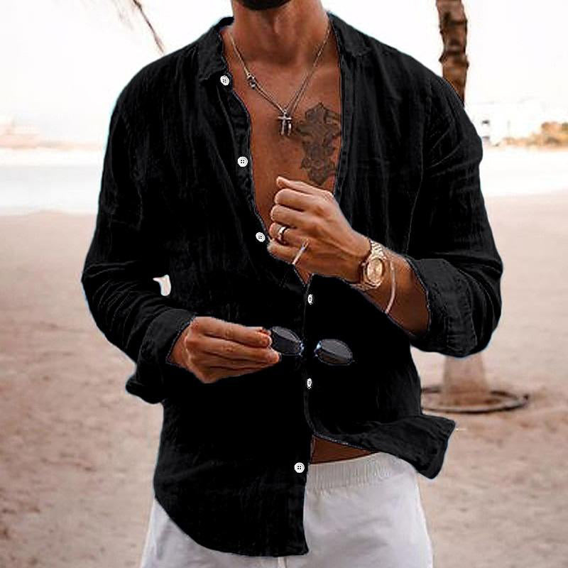 Men's Linen Beach Shirt - Long Sleeve Button Up Casual Top