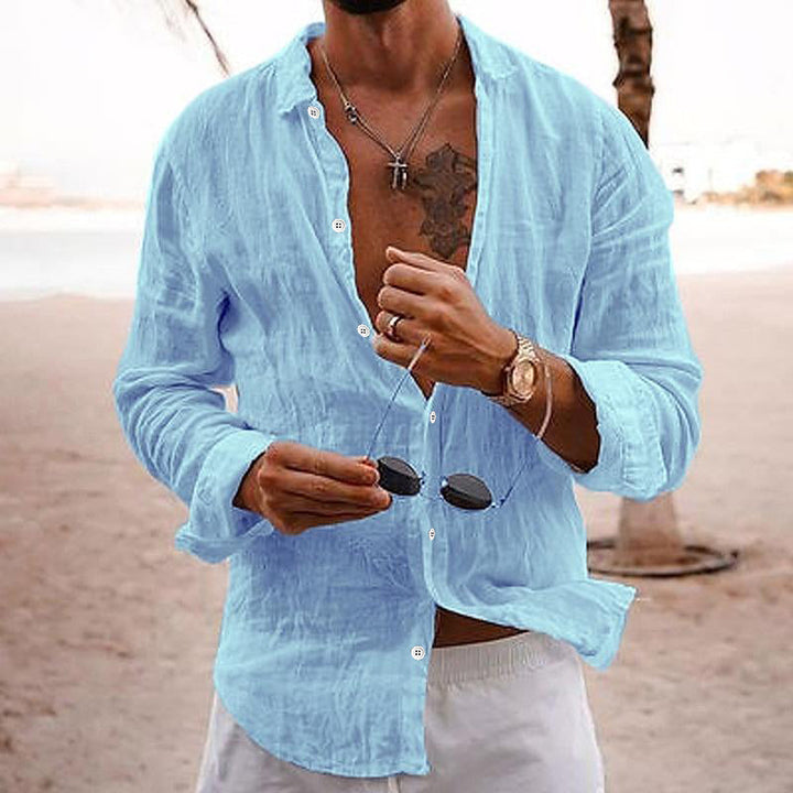 Men's Linen Beach Shirt - Long Sleeve Button Up Casual Top
