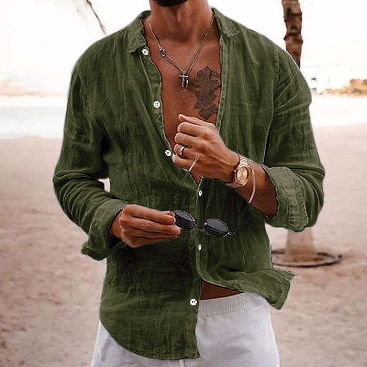 Men's Linen Beach Shirt - Long Sleeve Button Up Casual Top