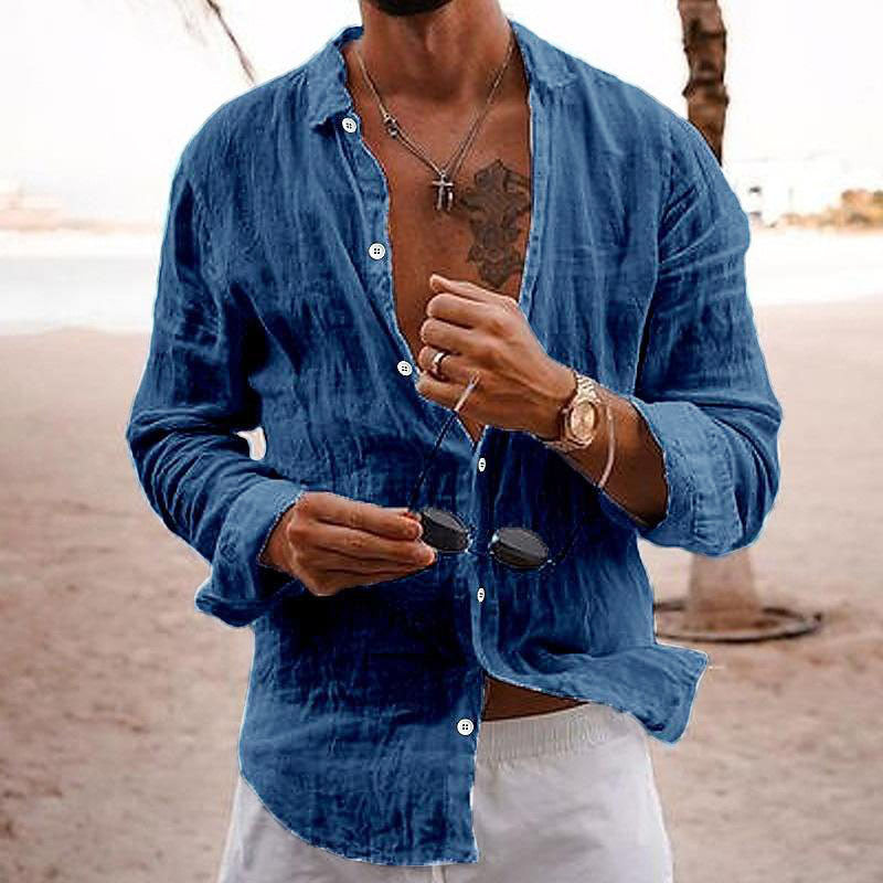 Men's Linen Beach Shirt - Long Sleeve Button Up Casual Top