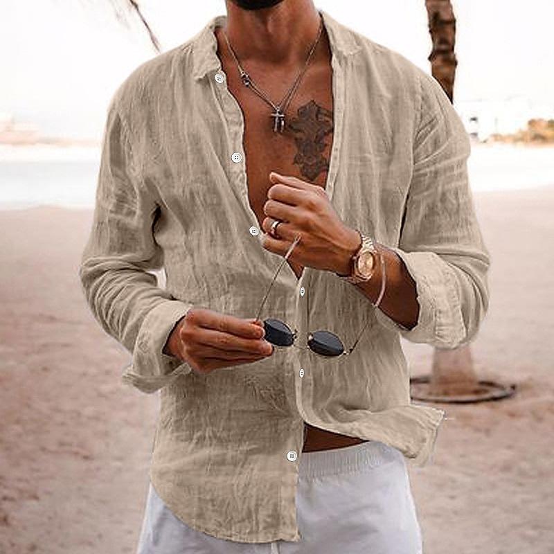 Men's Linen Beach Shirt - Long Sleeve Button Up Casual Top