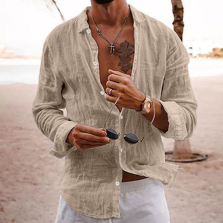 Men's Linen Beach Shirt - Long Sleeve Button Up Casual Top