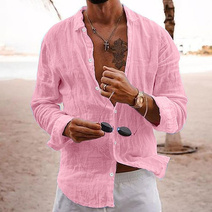 Men's Linen Beach Shirt - Long Sleeve Button Up Casual Top