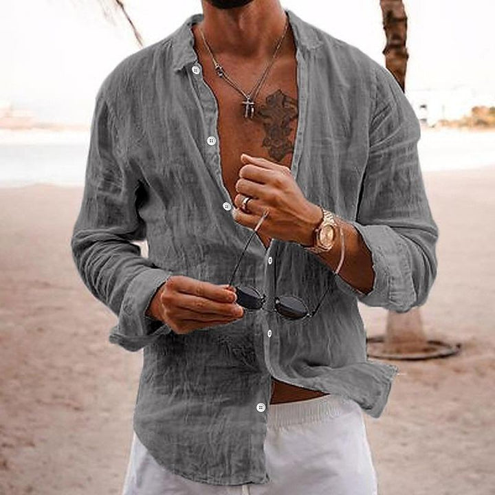 Men's Linen Beach Shirt - Long Sleeve Button Up Casual Top