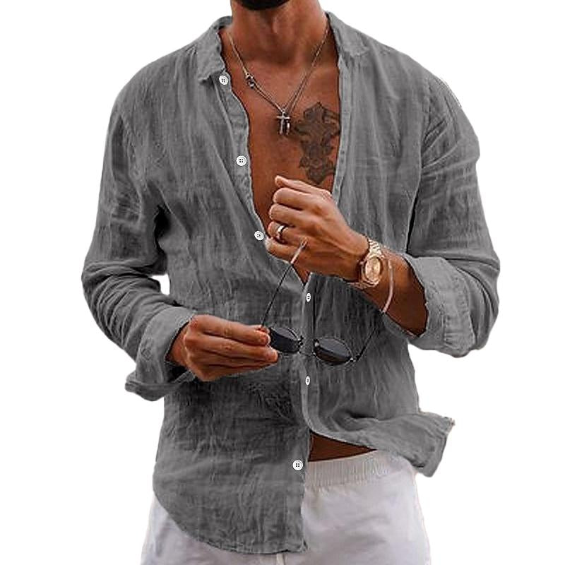 Men's Linen Beach Shirt - Long Sleeve Button Up Casual Top